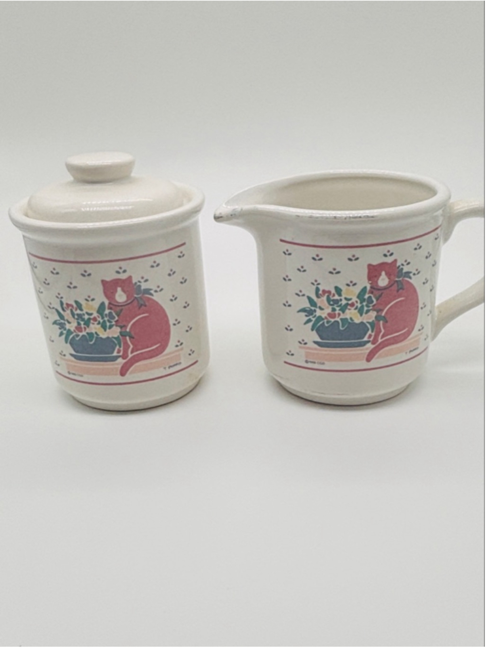 Vintage 80s Le Chat Vermillion Ceramic Pink Cat Cream and Sugar Coffee Tea Set
